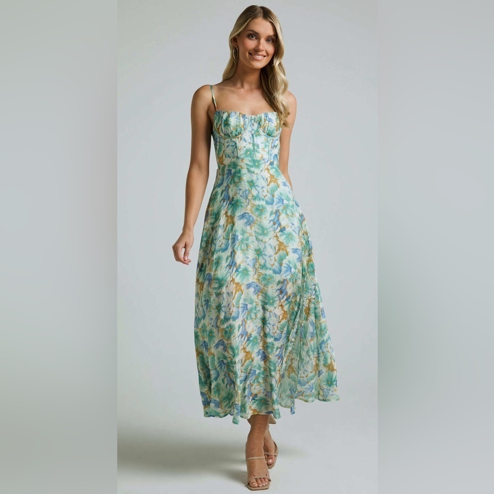 Saints & Secrets MIDI DRESS - CUP BUST SLEEVELESS SLIT IN GREEN FLORAL Sz M - Picture 1 of 11